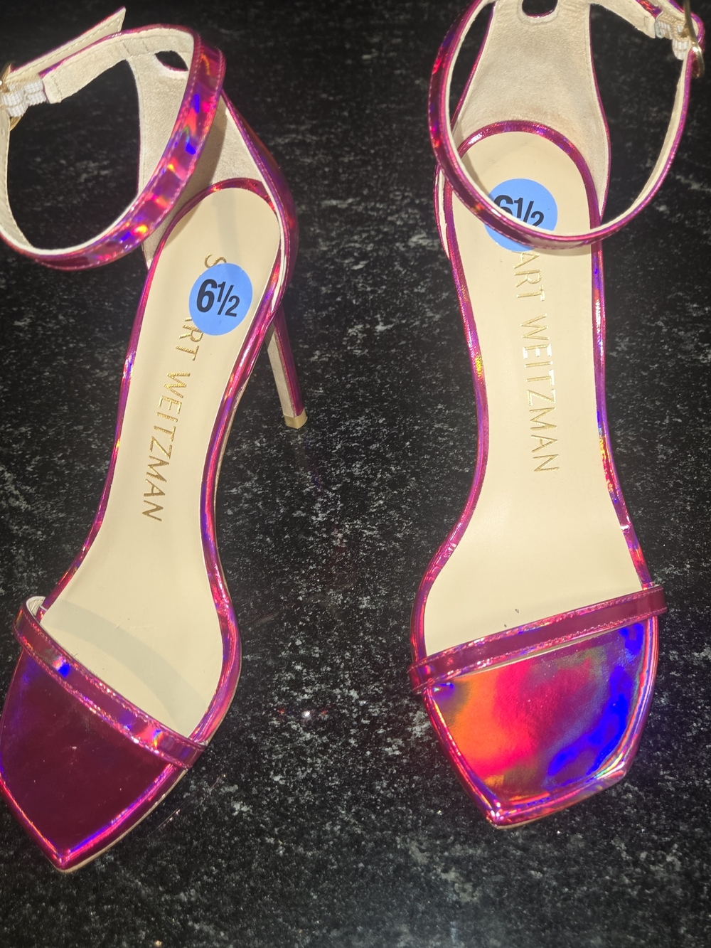 Stuart Weitzman Iridescent Pink Ankle-Strap Stiletto Heels